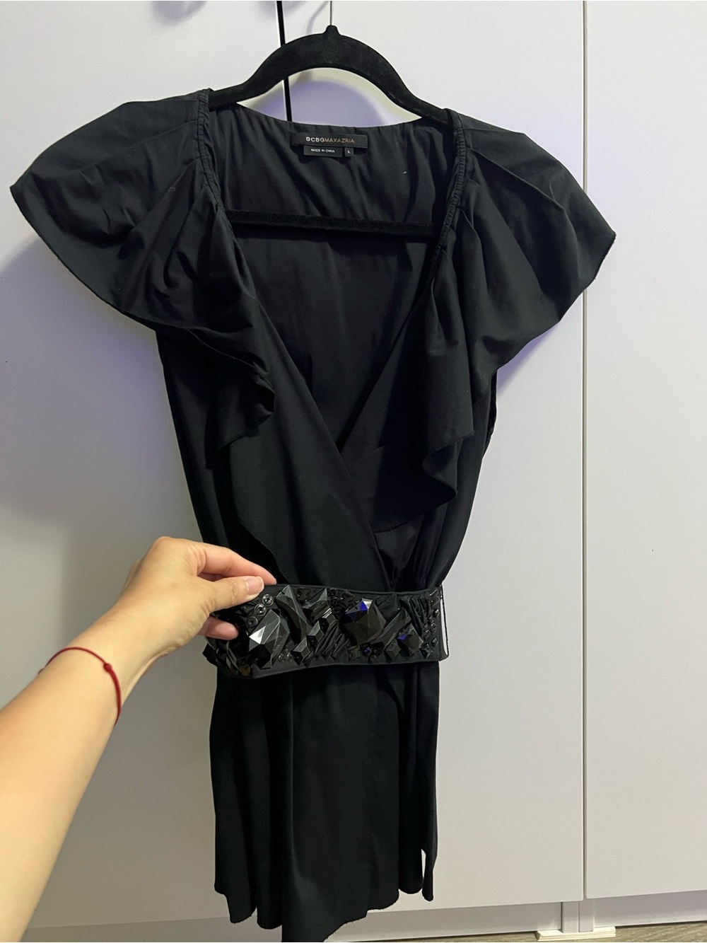 BCBGMaxAzria Black Ruffle Wrap-Style Mini Dress - Picture 3 of 4